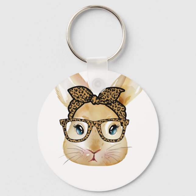rabbit bow glass leopard, retro, vintage keychain (Front)