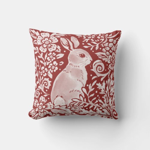 Rabbit Brick Red Woodland Animal Floral Damask Throw Pillow