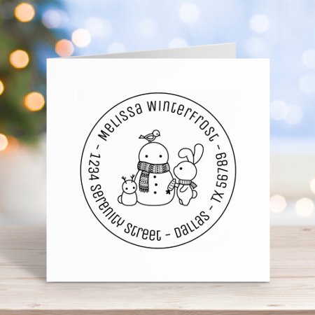 Rabbit Building Snowman Round Address Self-inking Stamp