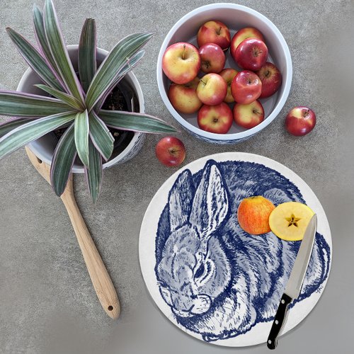 Rabbit Bunny Cobalt Blue White Ink Sketch Art Cutting Board