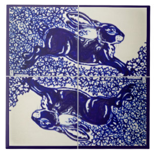 Rabbit Bunny Floral Navy Blue Drawing Elegant Ceramic Tile