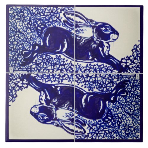 Rabbit Bunny Floral Navy Blue Drawing Elegant Ceramic Tile
