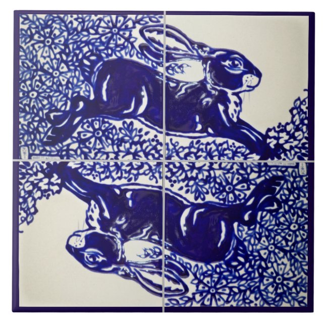 Rabbit Bunny Floral Navy Blue Drawing Elegant Ceramic Tile (Front)
