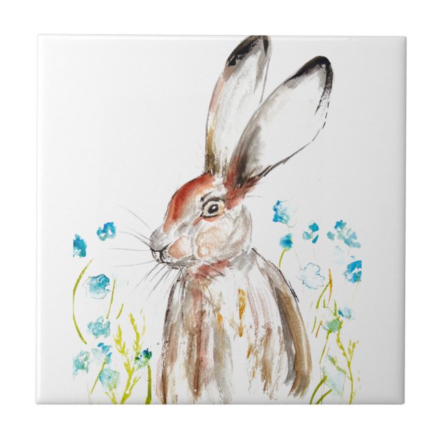 Rabbit Bunny Hare Floral Animal Wildlife Cute Ceramic Tile (Front)