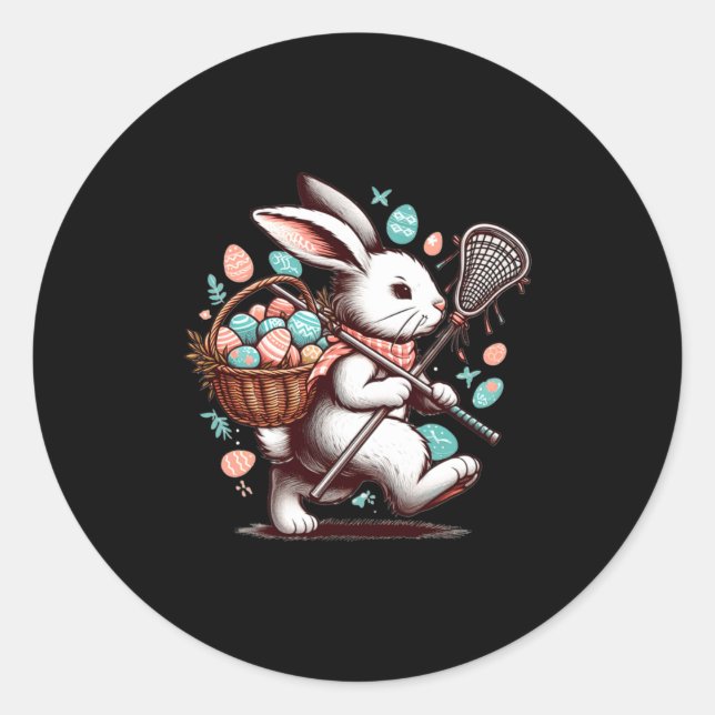 Rabbit bunny lacrosse player happy easter egg hunt classic round sticker (Front)