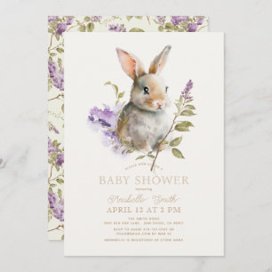 Rabbit Bunny Purple Lilac Floral Baby Shower Invitation