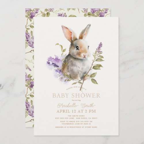 Rabbit Bunny Purple Lilac Floral Baby Shower Invitation