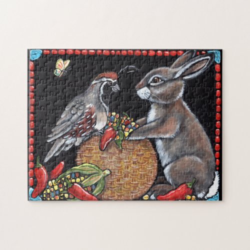 Rabbit Bunny Quail Southwest Chili Pepper Black Jigsaw Puzzle