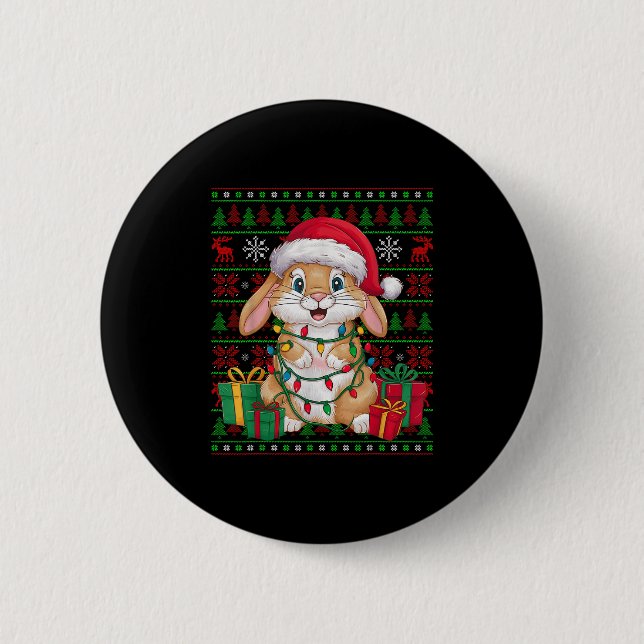 Rabbit Bunny Xmas Lights Ugly Santa Hat Bunny Chri Button (Front)