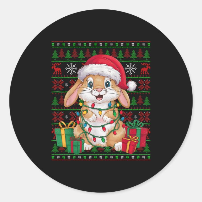 Rabbit Bunny Xmas Lights Ugly Santa Hat Bunny Chri Classic Round Sticker (Front)
