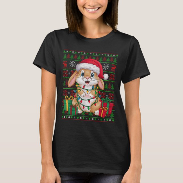 Rabbit Bunny Xmas Lights Ugly Santa Hat Bunny Chri T-Shirt (Front)