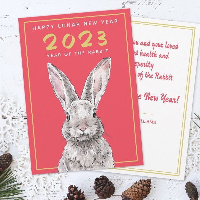 Rabbit Chinese New Year 2023 Bunny Animal art Red Holiday Card (Creator Uploaded)