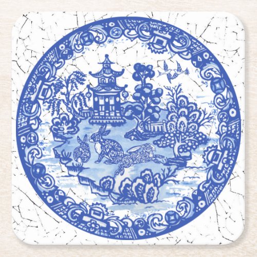 Rabbit Chinoiserie Blue White Willow Unique Square Paper Coaster