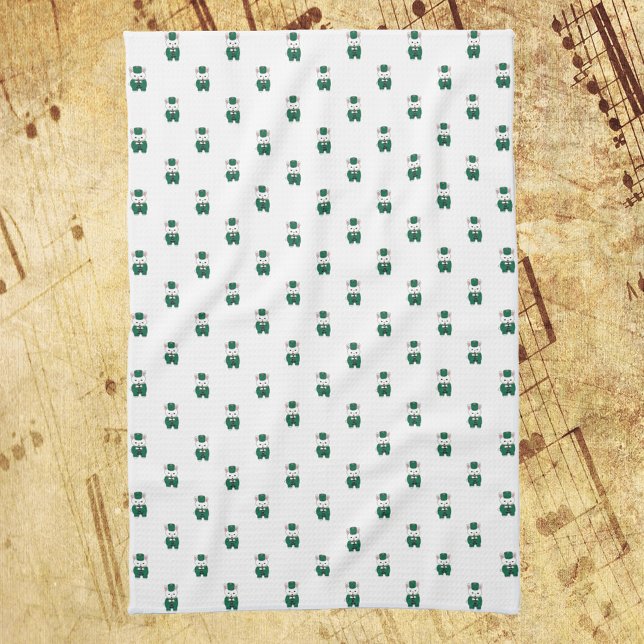 Rabbit Clarinet Marching Band Green Gold Kitchen Towel (A kitchen towel with a pattern of rabbits playing the clarinet in green & gold)