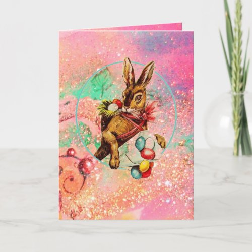RABBIT  COLORFUL EASTER EGGS AND SPRING FLOWERS HOLIDAY CARD