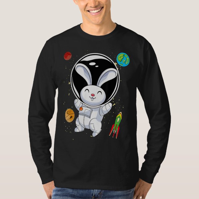 Rabbit Cute Animal Rocket Planets Scientist Astron T-Shirt (Front)