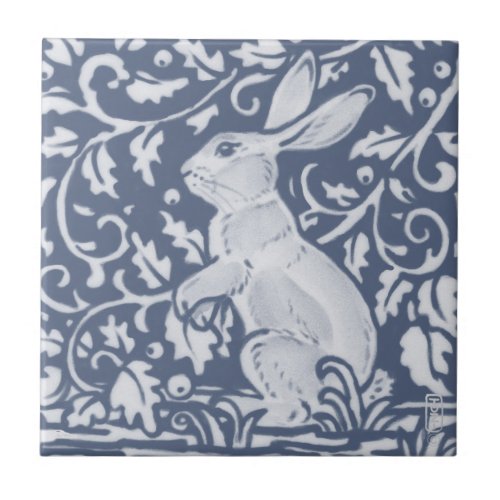 Rabbit Denim Blue White Botanical Dedham Delft  Ceramic Tile