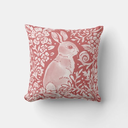 Rabbit Dusty Pink Damask Woodland Floral Whimsy Throw Pillow