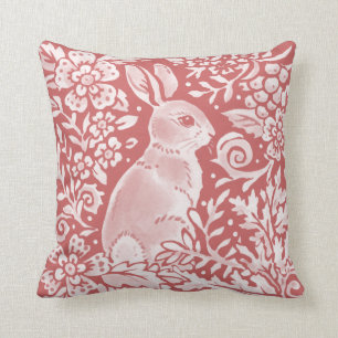 Rabbit Dusty Pink Damask Woodland Floral Whimsy Throw Pillow