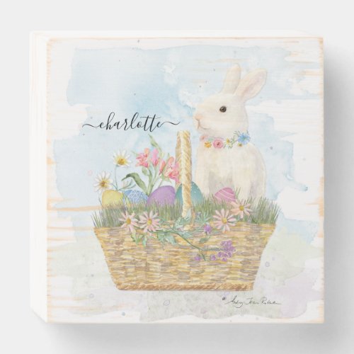 Rabbit Easter Basket Watercolor Flowers Eggs Name  Wooden Box Sign