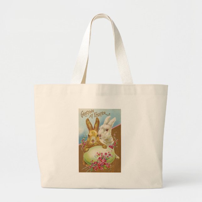 Rabbit Easter Greetings Vintage Large Tote Bag (Front)