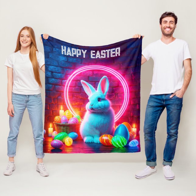 Rabbit Easter neon pink egg art circle fantasy Fleece Blanket (In Situ)