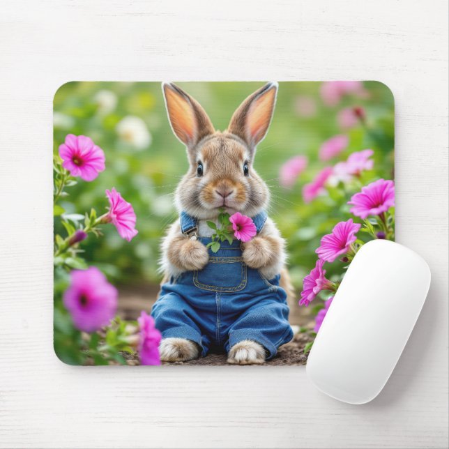 Rabbit Eating Petunia Flowers Mouse Pad (With Mouse)