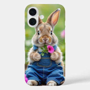Rabbit Eating Pink Petunia Flowers iPhone 16 Case