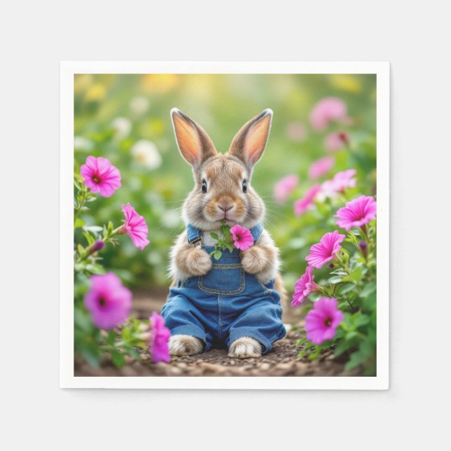 Rabbit Eating Pink Petunia Flowers Napkins (Front)