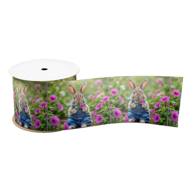 Rabbit Eating Pink Petunia Flowers Satin Ribbon (Spool)