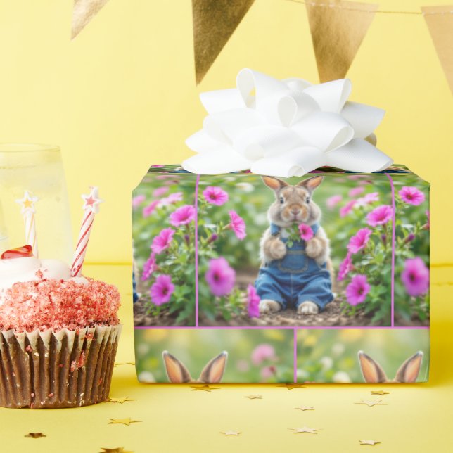 Rabbit Eating Pink Petunia Flowers Wrapping Paper (Birthday Party)
