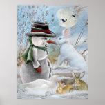 Rabbit Eats Snowman's Nose Poster<br><div class="desc">Beautiful seasonal canvas of white rabbit standing on hind legs while eating the nose off of snowman. This original,  one of a kind , Friskybizpet design is available on Christmas greeting cards,  posters,  prints and a variety of gifts.</div>