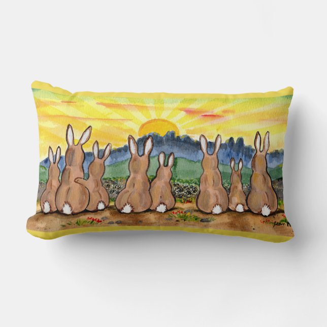 Rabbit Family Sunrise Upbeat Designer Throw Pillow (Front)
