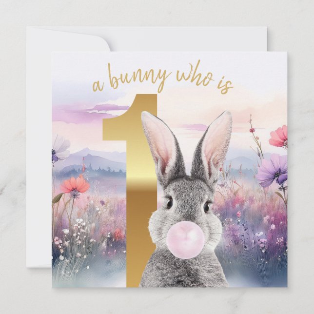 Rabbit First Birthday blowing pink gum Card (Front)