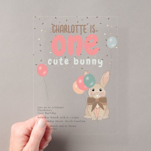 Rabbit Floral One Cute Bunny 1st Birthday Acrylic Invitations