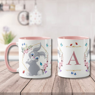 Rabbit Flower Butterflies Themed Monogram Mug