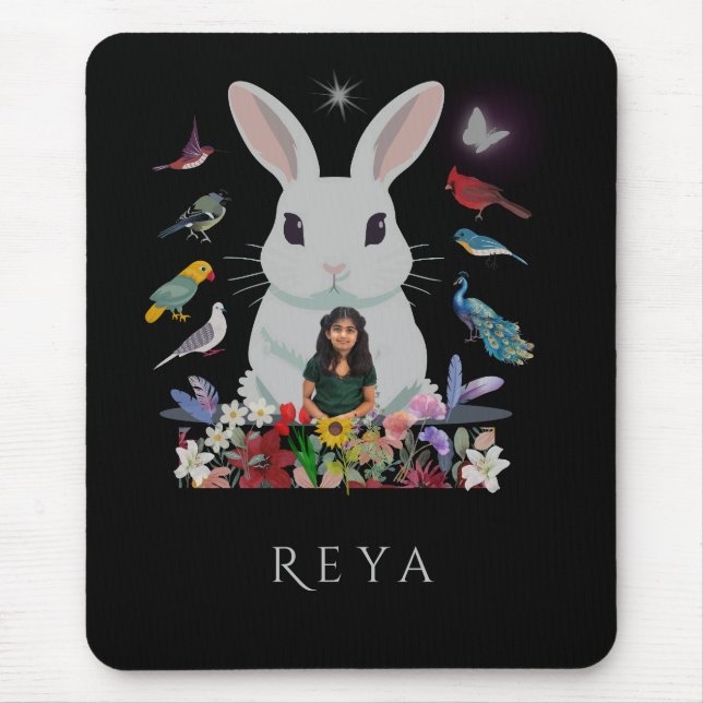 Rabbit, Flowers & Birds Personalized Design Mouse Pad (Front)