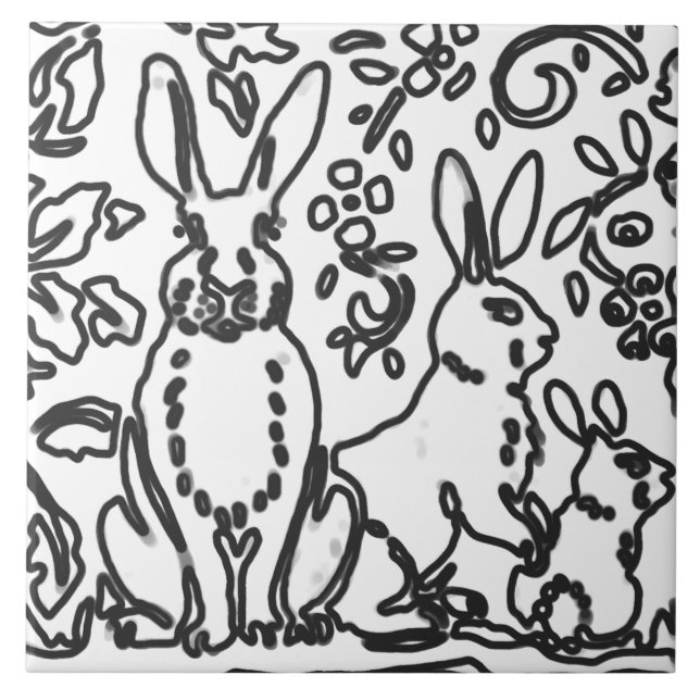 Rabbit Foliage Black White Drawing Woodland Animal Ceramic Tile (Front)