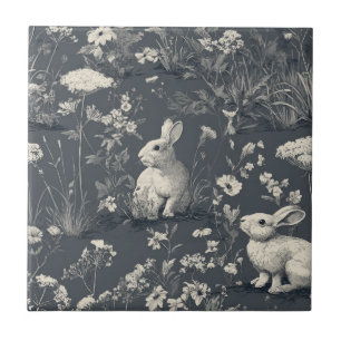 Rabbit Garden Botanical Black Toile Pattern Ceramic Tile