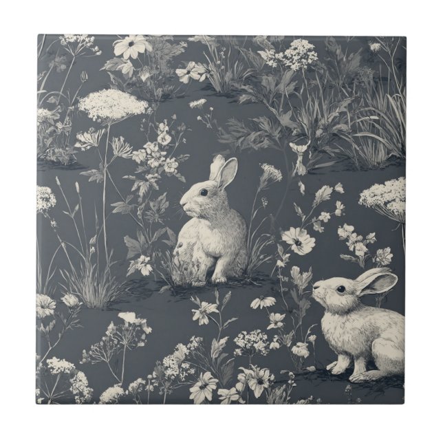 Rabbit Garden Botanical Black Toile Pattern Ceramic Tile (Front)