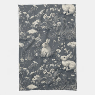 Rabbit Garden Botanical Black Toile Pattern Kitchen Towel