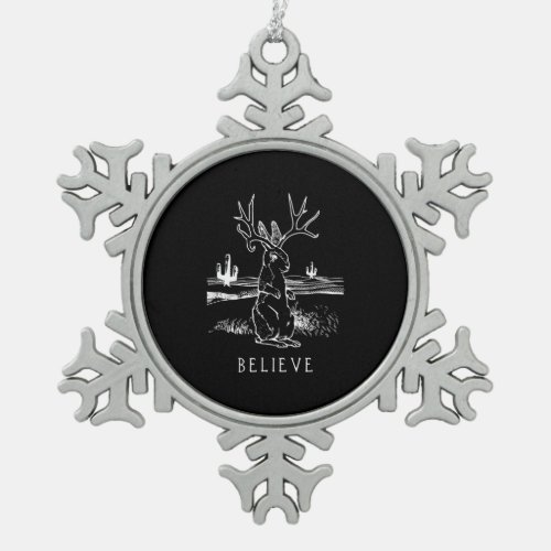 Rabbit Gift  Believe Jackalope Snowflake Pewter Christmas Ornament