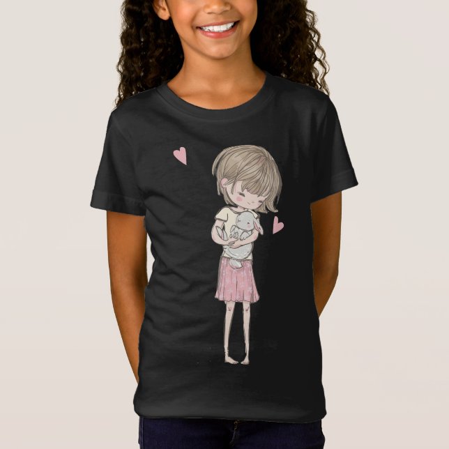 Rabbit Gift |Cute Little Girl & Bunny Rabbit Pink T-Shirt (Front)