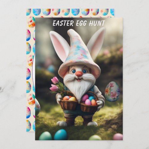 Rabbit Gnome with Basket Easter Egg Hunt Invitation