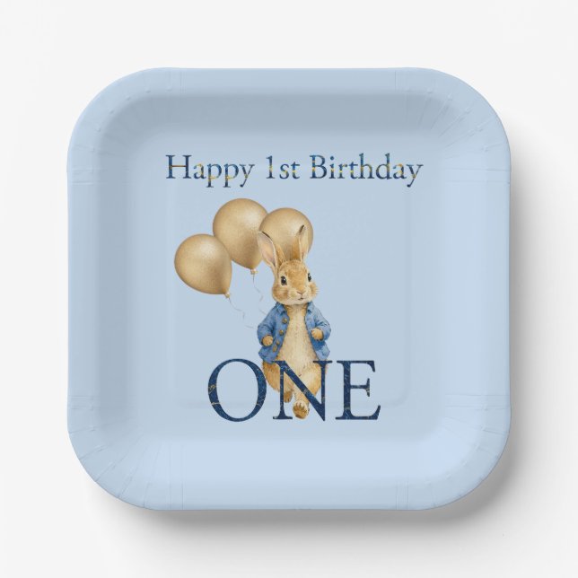 Rabbit Gold Balloons First Birthday  Paper Plates (Front)
