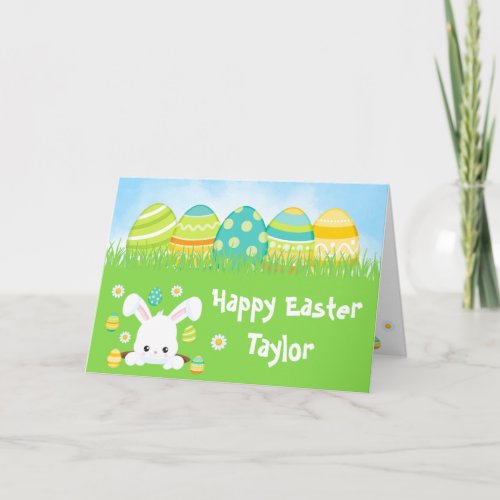 Rabbit Green and Yellow Eggs Happy Easter Card