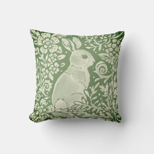 Rabbit Green Woodland Animal Floral Damask  Throw Pillow