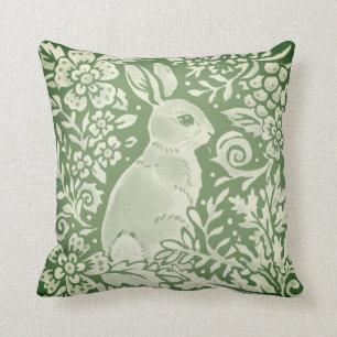 Rabbit Green Woodland Animal Floral Damask Throw Pillow
