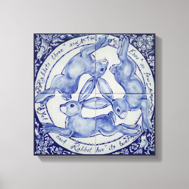 Rabbit Hare Bird Tile Medallion Art Blue & White Canvas Print (Front)