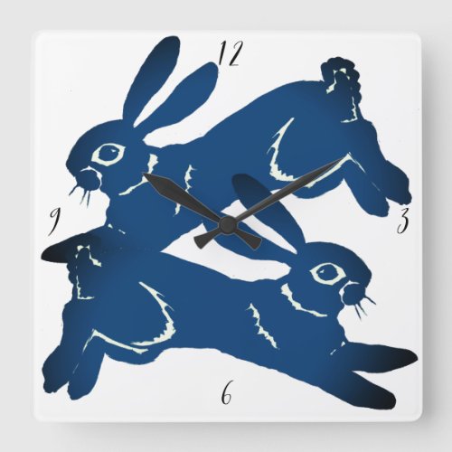 Rabbit Hare Blue White Bold Animal Pattern Square Wall Clock